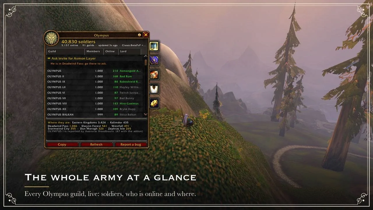 The whole army at a glance: every Olympus guild, soldiers, who is online and where